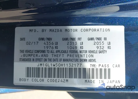 2017 Mazda Mazda6 Grand Touring from USA, damaged, VIN JM1GL1W50H1132177